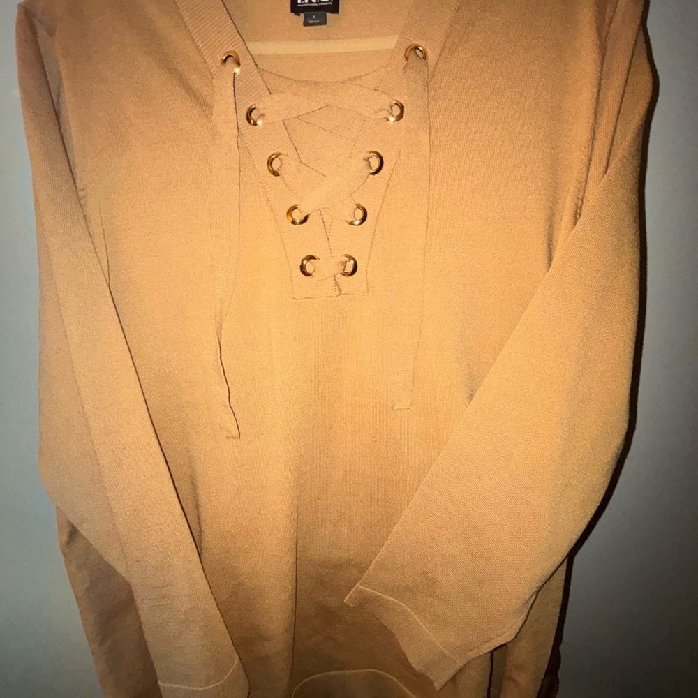 INC International Concepts Women's Lace-Up Camel Sweater